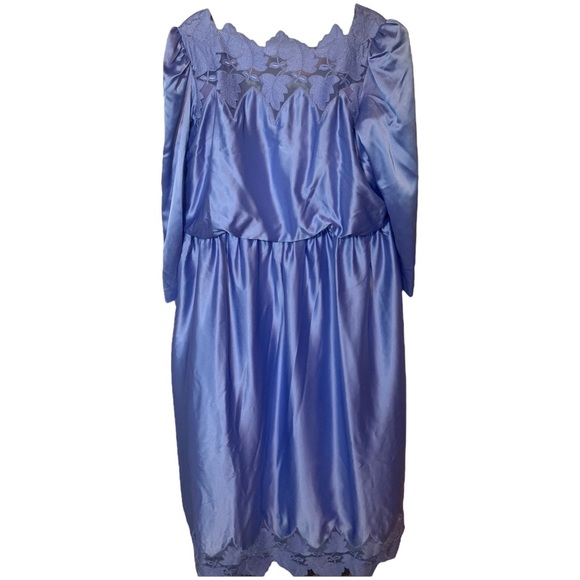 Vintage Handmade Blue Satin Long Sleeve Evening Dress - Picture 2 of 6